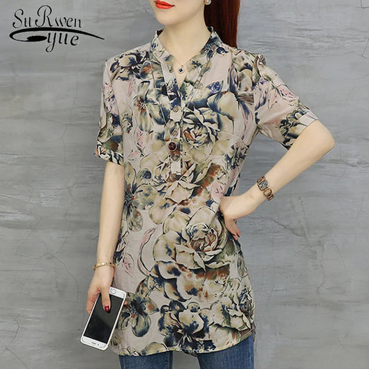 Fashion Chiffon Women's Clothing Short Sleeve Loose LooseWomen Shirt Blouse V-neck Printing Blusas D532 30 Women Tops