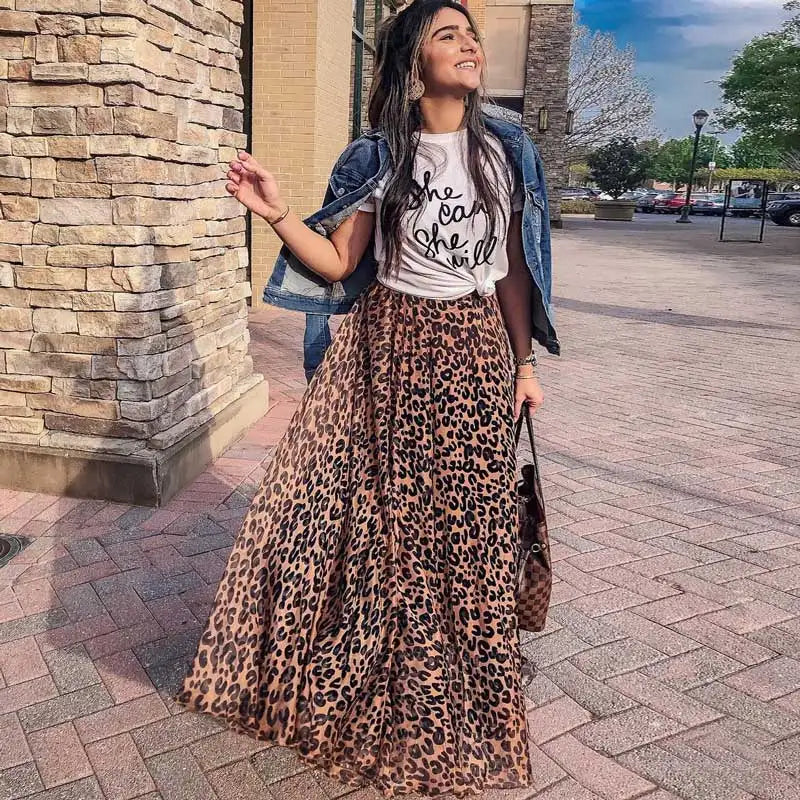 GypsyLady Leopard Maxi Skirt Elastic Skirt Woman Asymmetric Summer Skirt Boho Skirt Fashion Runway Party Skirt Faldas Women Casual