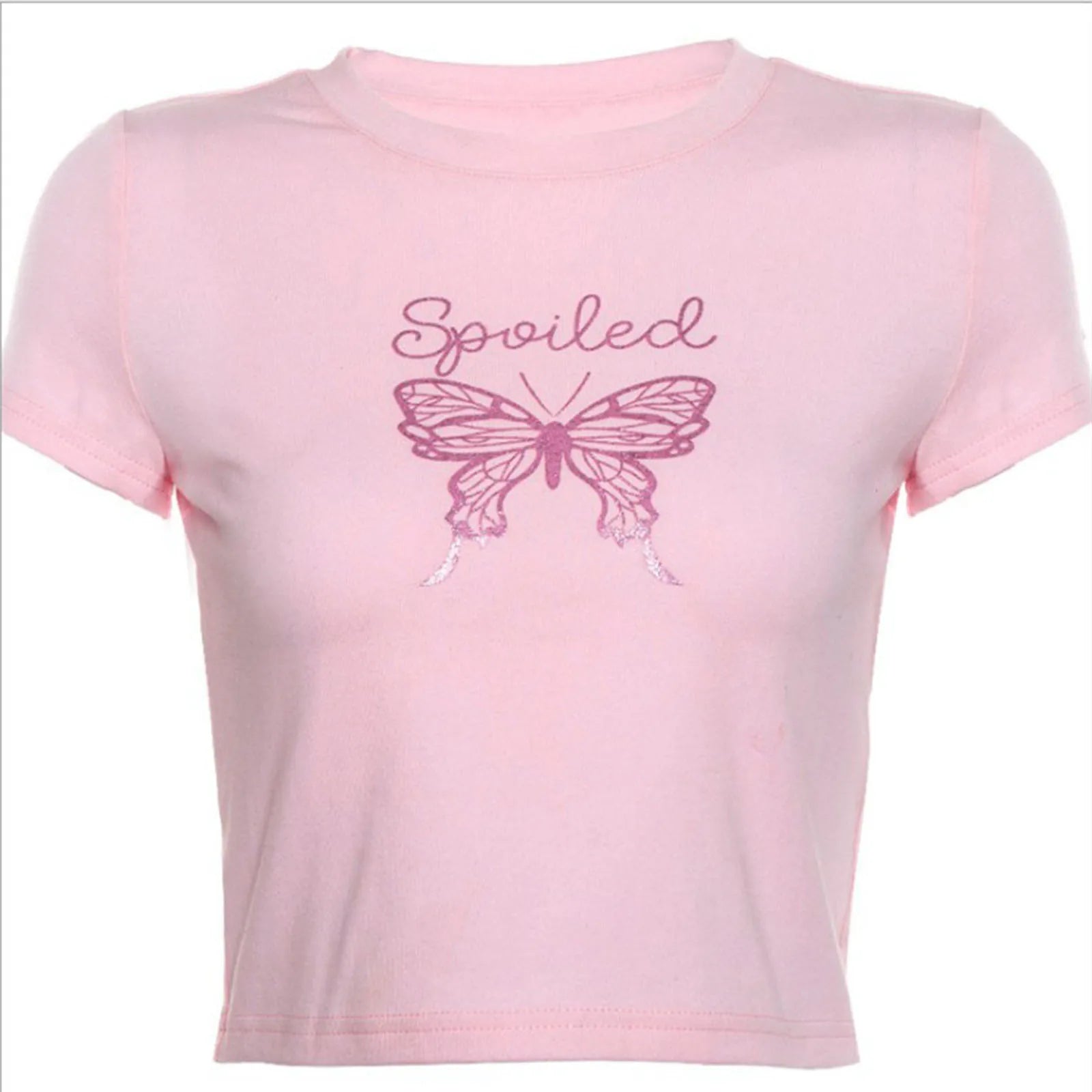 Cute E Girl Harajuku Pink T-Shirts Woman Summer Short Sleeve Glitter Butterfly Print Y2K Crop Top Fairy Aesthetic Clothes Women Casual - Women Tops