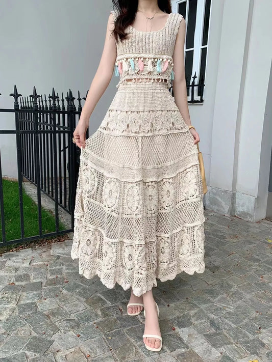 Woman Hook Flower Hollow High Waist Sexy Knit Full Skirt Party Fashion Vintage  A-line Chiffon Skirt  Summer Women Casual Clothing