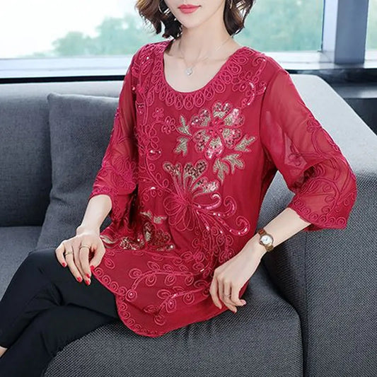 Vintage Floral Embroidery Applique Blouse Casual Loose Spring Summer 3/4 Sleeve Women's Clothing Stylish Sequined O-Neck Shirt women casual