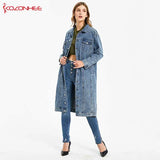 Fashion Blue Inelastic Long Denim Trench Coat Coats Casual Pocket Trench Denim Women Vintage Jeans Jacket Women Jeans - Girls Jeans