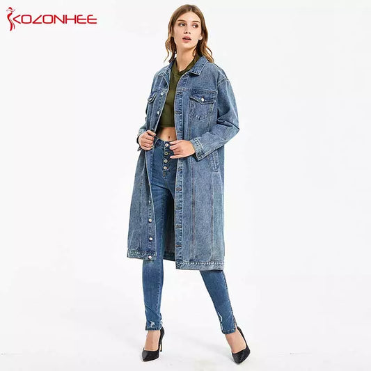 Fashion Blue Inelastic Women Long Denim Trench Coat Women Jeans Coats Casual Pocket Trench Denim Women Vintage Jeans Jacket Women Jeans