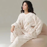 INS Japan Bear  Autumn Winter Warm Flannel Women Pyjamas Sets Thick Coral Velvet Soild Fleece Sleepwear Casual Flannel Homewear women sleep