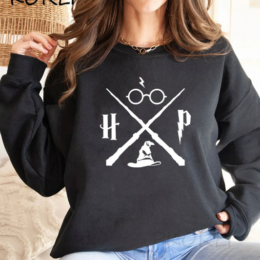 Wizard Hat Sweatshirt Wizard Wand Hoodie HP Pullovers Long Sleeve Unisex Graphic Hoodies Magic School Sweatshirts Streetwear Top Women Tops & Tees