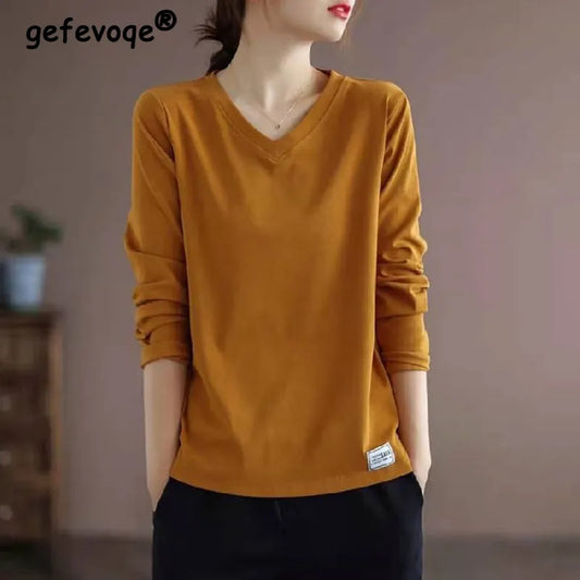 Autumn New Solid Loose Long Sleeve T-shirts Vintage Woman V Neck Aesthetic Chic Pullovers All Match Female Clothes Women Tops - Women Casual