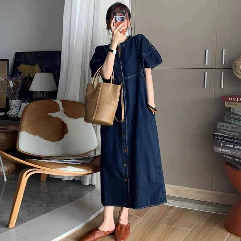 Summer New Dress Fat Girl Personality Drawstring Denim Shirt Artistic Outerwear Plus size Short sleeve Cardigan A-line Skirt Women Dress For Work