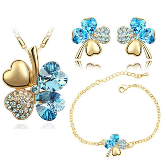 Crystal Clover 4 Leaf leaves heart pendant Jewelry sets necklace earrings bracelet women lovers cute romantic gifts summer party - Women Jewellery - Girl Jewellery