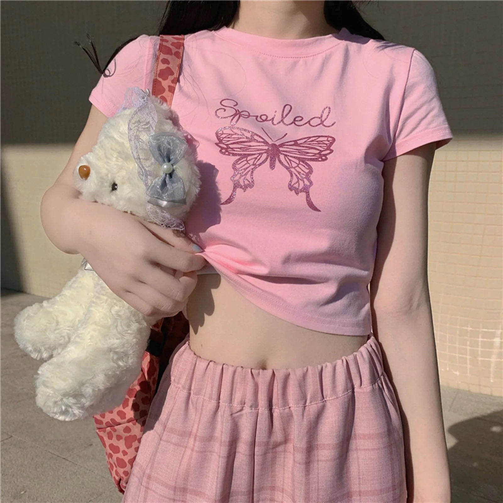 Cute E Girl Harajuku Pink T-Shirts Woman Summer Short Sleeve Glitter Butterfly Print Y2K Crop Top Fairy Aesthetic Clothes Women Casual - Women Tops