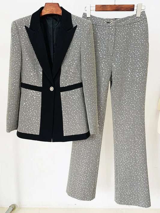 HIGH STREET Newest Designer Fashion Runway Suit Set Women's Slim Fit Color Block Sequined Blazer Pants Suit - Women Suiting