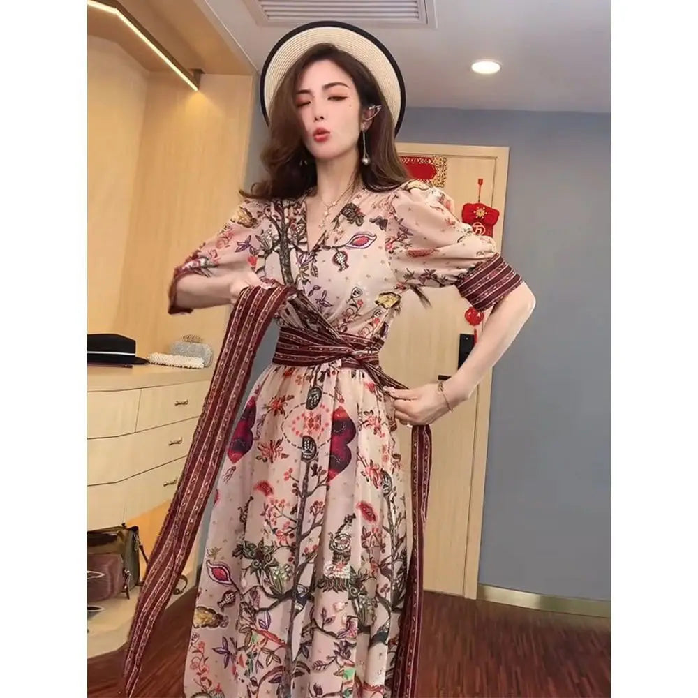 Korean Fashion Puff Sleeve Floral Dress Loose Waist With Bandage New Women's Summer Dresses Elegant Midi Vestidos Mujer Women Casual - Women Prom