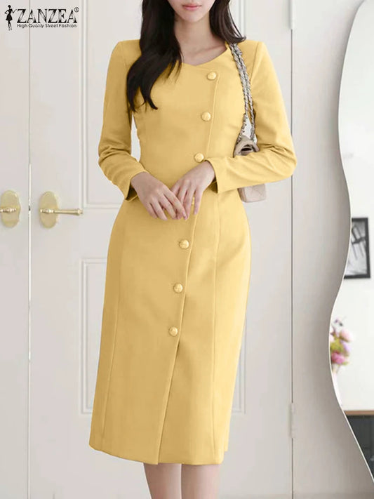 ZANZEA Women Fashion Blazer Sundress Elegant Long Sleeve Office Work Dress Autumn Slim Fit Body corn Midi Vestido Robe Femme Women Dress For Work - Women Prom