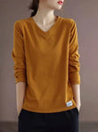 Autumn New Solid Loose Casual Long Sleeve T-shirts Vintage Tops Women V Neck Aesthetic Chic Pullovers All Match Female Clothes