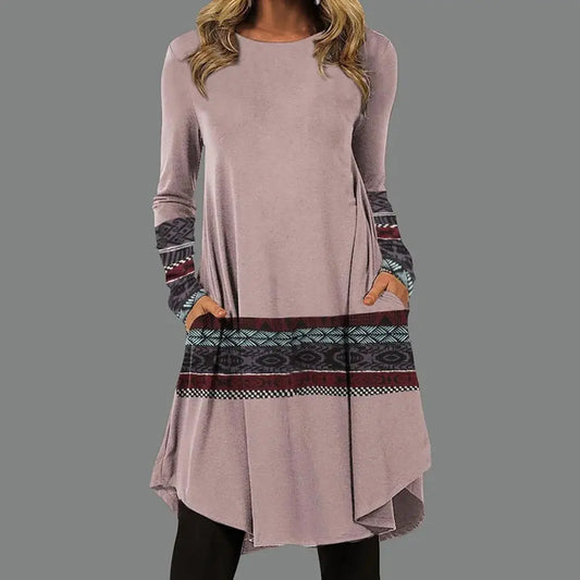 Autumn Dress Pockets Big Hem Ethnic Print Long Sleeves Crew Neck Warm Vintage Plus Size Women Dress For Work