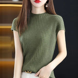 Vintage Half High Collar Sleeve Knitted T-shirt Spring Summer Versatile Pullover Bottoming Korean Fashion Women Short - Women Casual - Women Tops