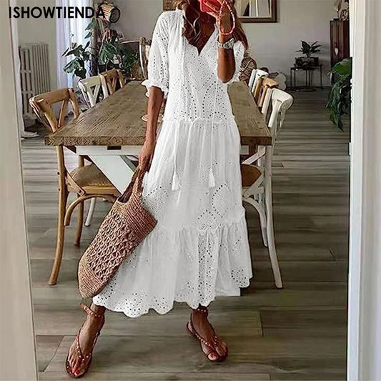 White Long Dress Woman Oversize Lace Up Dress Female Loose V Neck Lace Dress Ladies Hollow Out Beach Boho Swing Maxi Women Casual - Women Plus Size Clothing - Women Prom