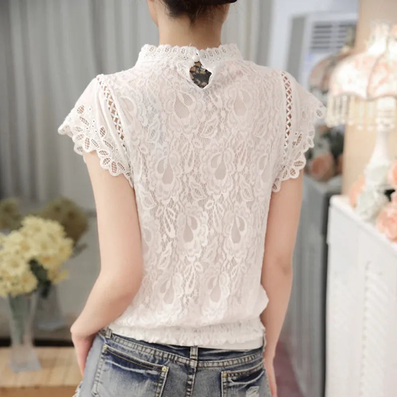 Ladies White Lace Blouse Short Sleeve Stand Collar Women's Top Elegant Patchwork Crochet Women's Shirt Plus Size Blusas Mujer 01C Women Tops - Women Short