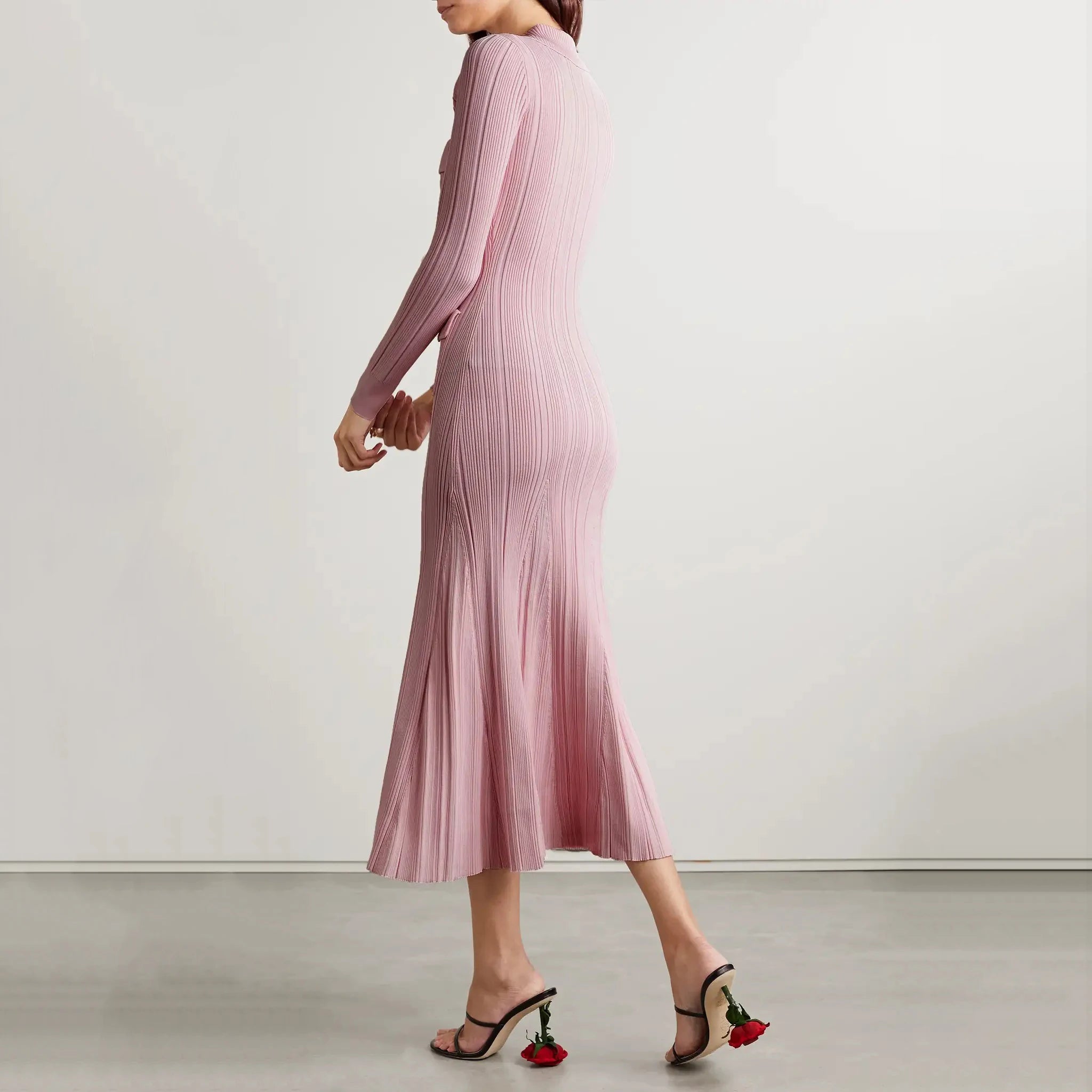Women's pink knitted medium-length dress senior sense of fashion temperament polo collar waist-skimming long dress new Women Dress For Work