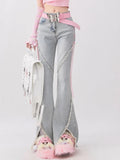Summer Denim Vintage Sweet Pants Women Slim Lace-up Korean Casual Flare Pants Female Japanese France Elegant Open Fork Jeans New Women Jeans
