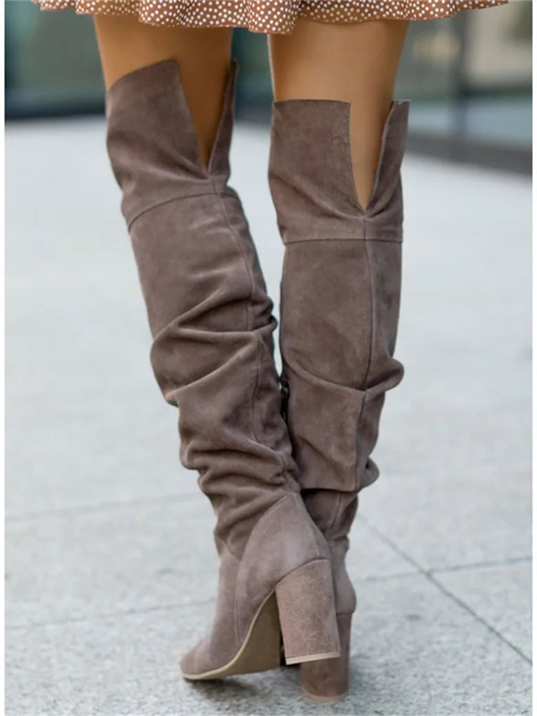 Winter Designer Luxury High Heels Plus Size  Faux Suede Elegant Pointed  Kover The Knee Boots Girls Shoes