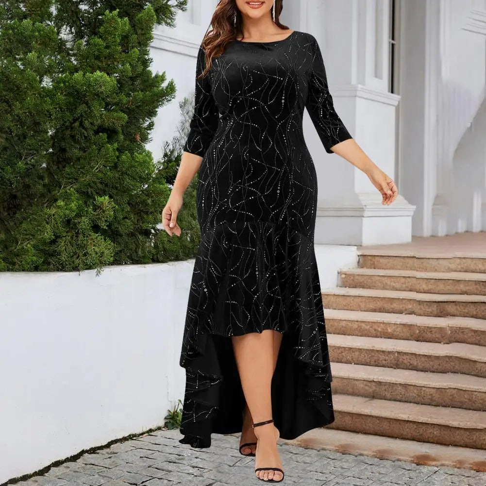 Round Neck Dress Elegant Women Plus Size Cloth Maxi Dress for Party with Three Quarter Sleeve Irregular Hem Lady Maxi Dress Women Prom