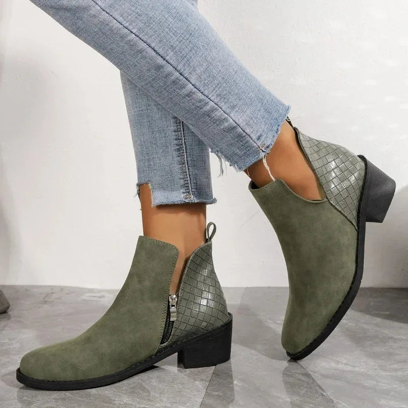 Suede Zipper Ankle Boots for Autumn Pointed Woven Patchwork Female Boot Concise Square Heel Chelsea Girls Shoes