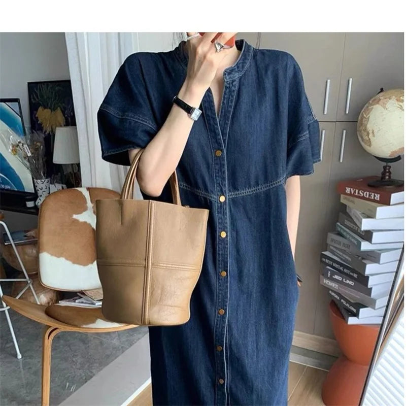 Summer New Dress Fat Girl Personality Drawstring Denim Shirt Artistic Outerwear Plus size Short sleeve Cardigan A-line Skirt Women Dress For Work