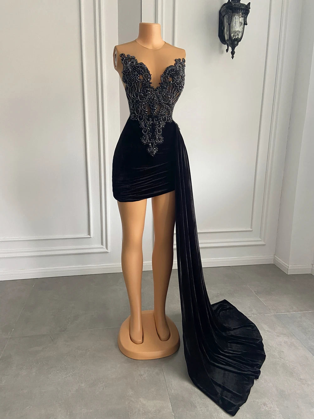 New Arrival Beaded Embroidery Black Velvet Short Dresses With Side Train Women Contemporary - Girl Tops