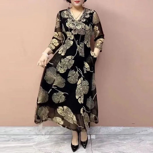 Female Clothing Vintage Leaf Printed Long Dress Elegant V-Neck Spring Summer New Casual 3/4 Sleeve Chic Diamonds A-Line Dresses women casual