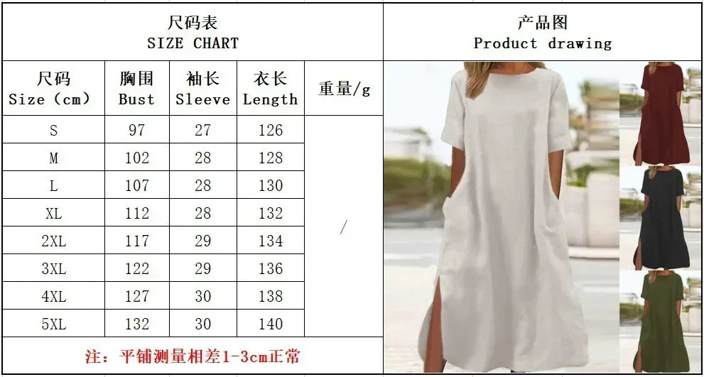 Spring Cotton Linen Women's Long Dress O-neck Pocket Dresses Female Trendy Fashion Oversize Loose Clothes Ladies Women Casual