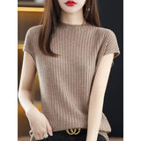 Vintage Half High Collar Sleeve Knitted T-shirt Spring Summer Versatile Pullover Bottoming Korean Fashion Women Short - Women Casual - Women Tops