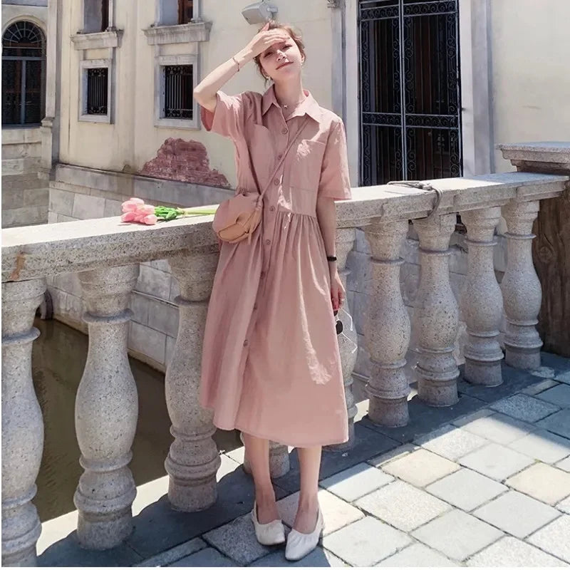 New Fashion French Tea Break Style Waist Wrapped Shirt Dress Summer Fat mm Mid length Slim Age Reducing Fairy Dress Women Prom