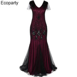 Women Gatsby Dress Vintage V Neck Sequins Beads Maxi Cocktail Party Flapper Dress Mesh Gown Long Elegant Women Prom