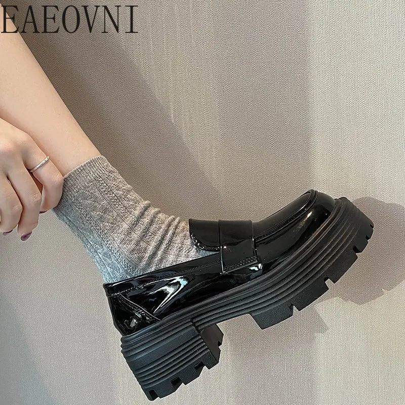 Chunky Loafers Spring Women Japanese Style Slip-On Black Single Pumps  Fashion Thick Sole Heel Girls Shoes