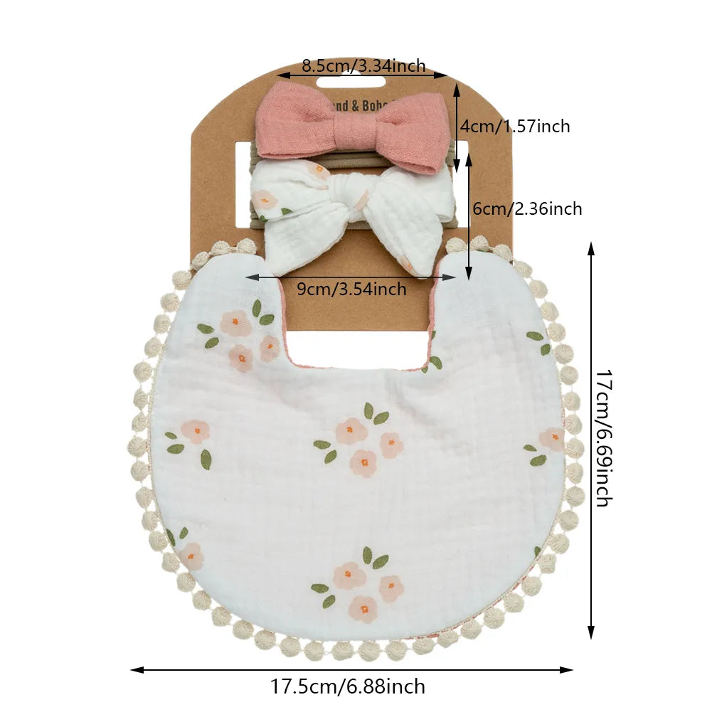 3Pcs/Set Flower Bibs & Headbands Bow Nylon Hairbands Double Side Saliva Towel Feeding Burp Scarf Headwear Newborn - girl cloth - Baby Girls