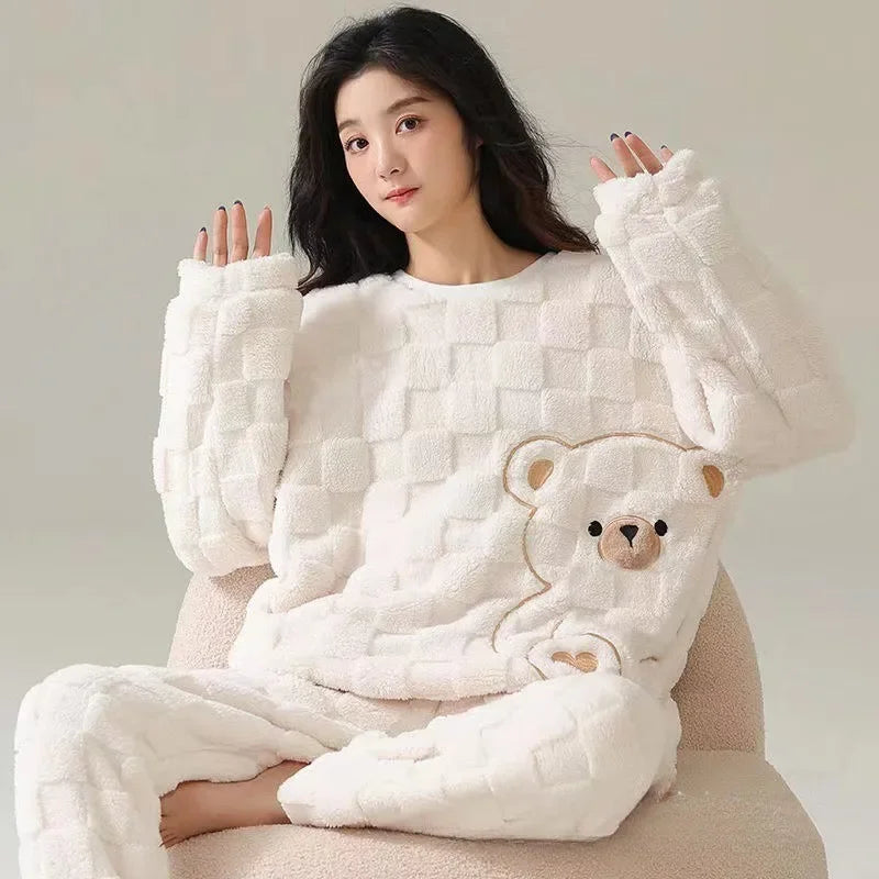 INS Japan Bear  Autumn Winter Warm Flannel Women Pyjamas Sets Thick Coral Velvet Soild Fleece Sleepwear Casual Flannel Homewear women sleep