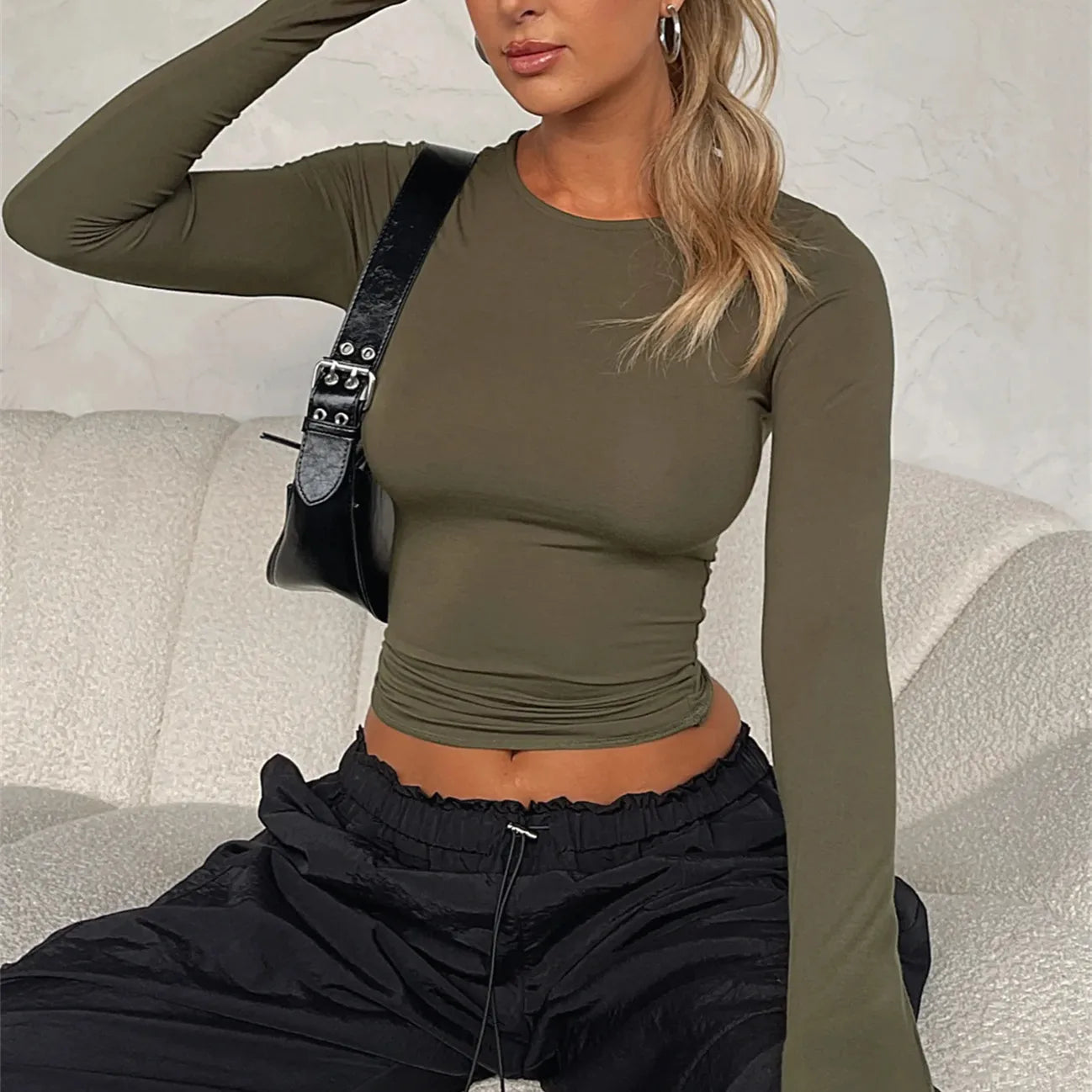 Woman Summer Slim Cropped Top Solid Color T-shirt Long Sleeve Round Neck Show Navel Base Blouse Streetwear Women Casual - Women Tops