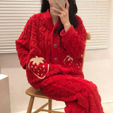 Winter Strawberry Pajamas Set Woman Pyjamas Sets Thick Coral Velvet Flannel Girl Warm Sleepwear Pajama Sets Women Lounge