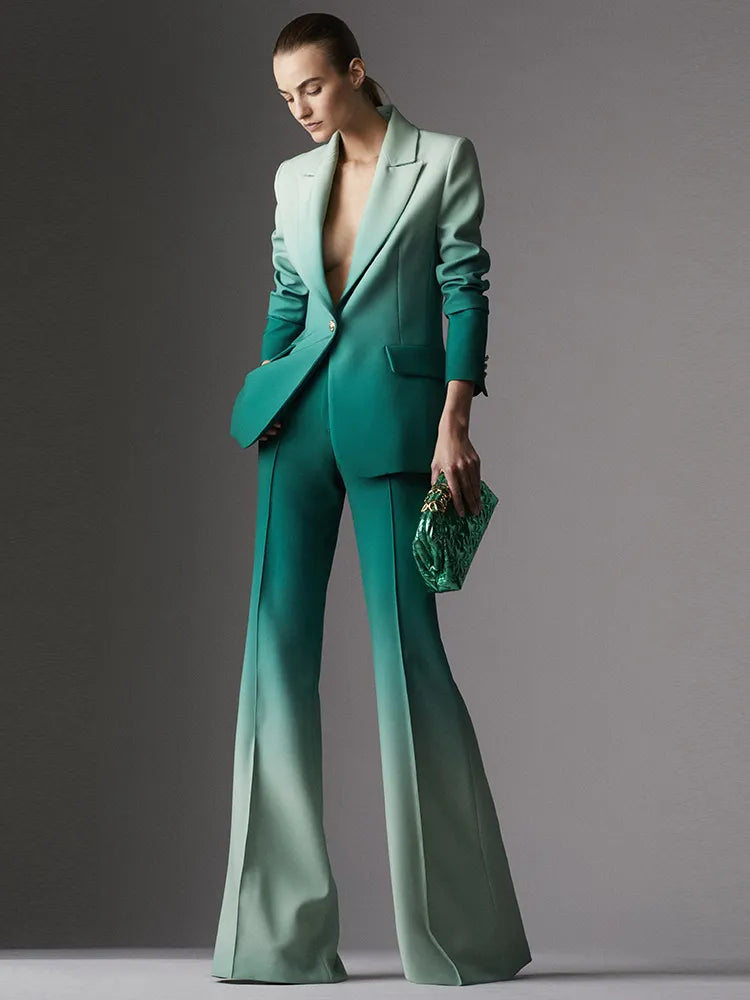 HIGH STREET Newest Fashion Designer Suit Set Women's Gradient Color Printed Single Button Blazer Flare Pants Suit 2pcs Women Suiting