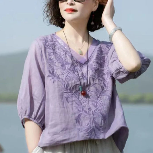 Summer New Literary Vintage Embroidery Cotton Linen Shirt Ladies Half Sleeve Loose Casual Fashion Blouse Women Casual Clothing