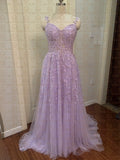 Lilac Evening Dresses Long Lace Appliques Crystal Mermaid Sweetheart Sweep Train Corset Back Sleeveless Gowns Women Prom