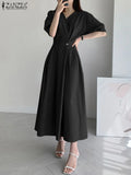 ZANZEA Woman V Neck Solid Dress Pleated Sundress Summer Femme 
 Vestido OL Korean Fashion A Line Dresses Baggy Robe Women Work Dress