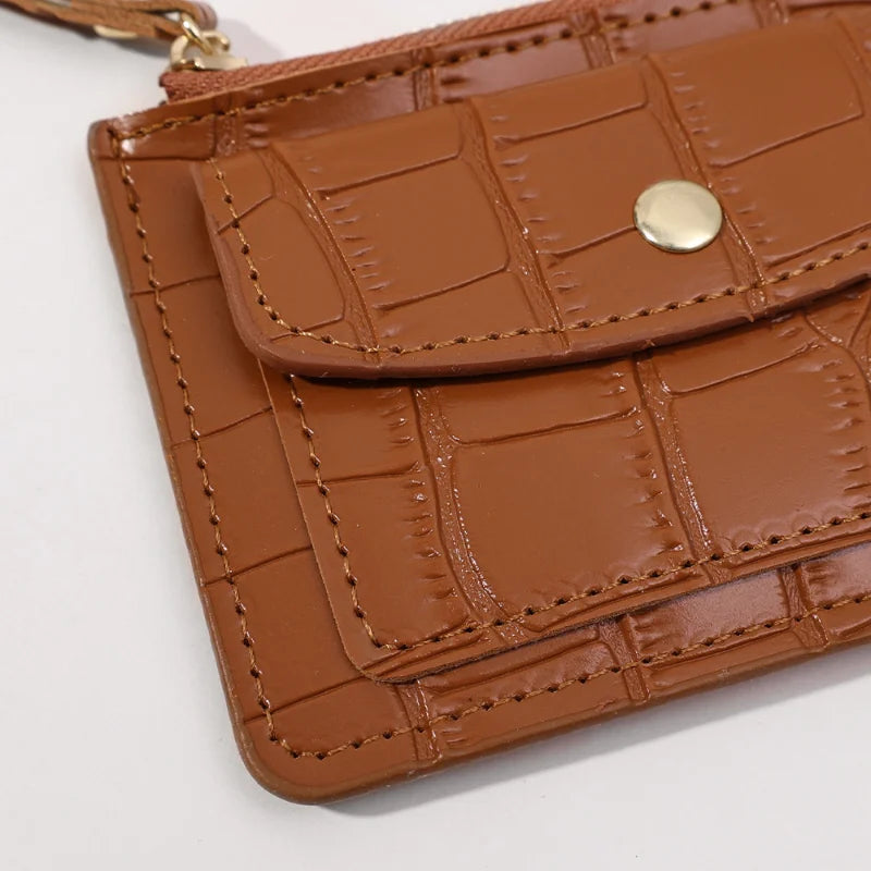 Short Simple PU Leather Multi-Slot Zipper Keychain Small Holder Crocodile Pattern Coin women purse