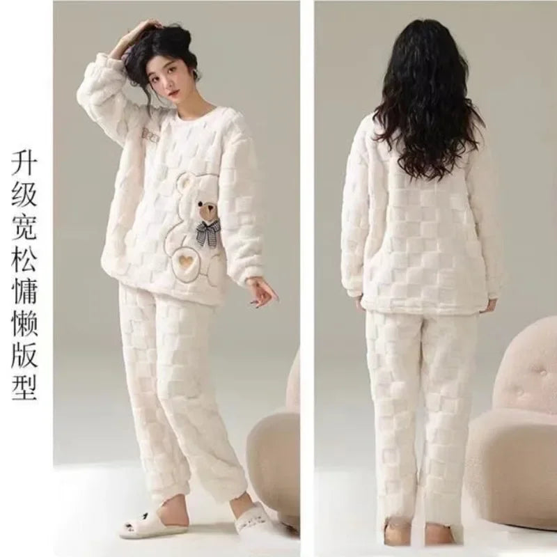 INS Japan Bear  Autumn Winter Warm Flannel Women Pyjamas Sets Thick Coral Velvet Soild Fleece Sleepwear Casual Flannel Homewear women sleep