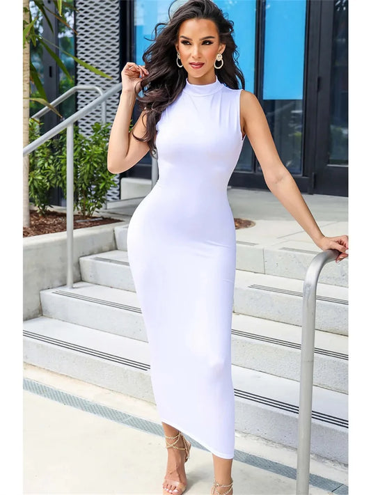 WJFZQM Basic Elegant Bodycon Maxi Dress Sexy Sleeveless Backless Ruched Dress Streetwear Summer Y2K Women Casual Clothing