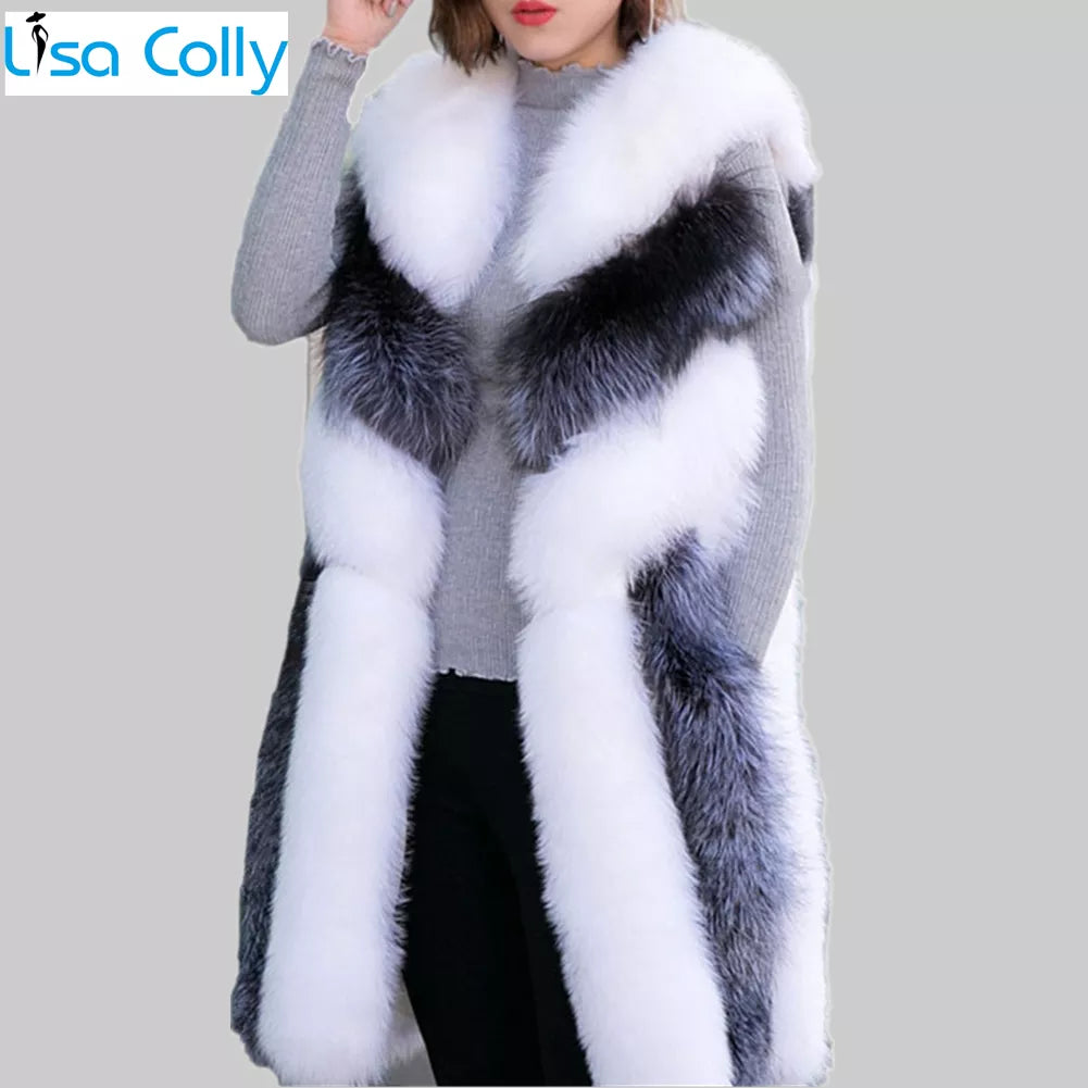 Lisa Colly Women Long Artificial Fox Fur Vest Women Winter Fashion Faux Fox Fur Vest Jacket Woman Warm Fake Fox Fur Women Coat Overcoat