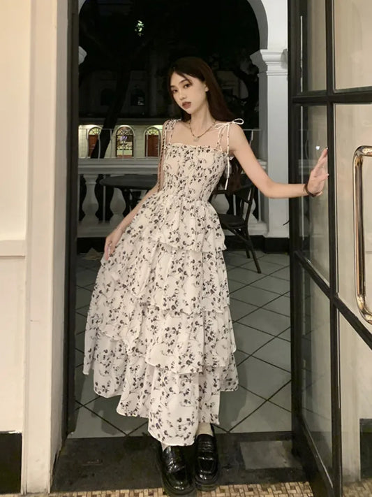 Deeptown Y2k Fairycore White Graduation Dress Woman Korean Style One Piece Slip Floral Dresses Vintage Long Vestidos Summer Women Prom