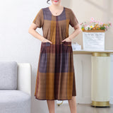 New Casual Fashion Summer Dress For Woman Short Sleeve Mid-Calf Loose Waist O-Neck Robe Femme Plaid Dresses Women Casual - Women Prom