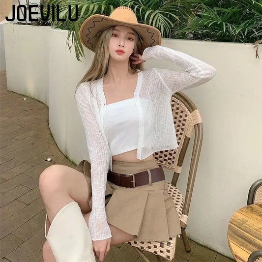 JOEVILU Thin Sunscreen Shirt Women's Summer Outerwear Crop Hollow Out White Long-sleeved Cardigan Elegant Shawl Coat Women Tops - Women Casual - Women Prom