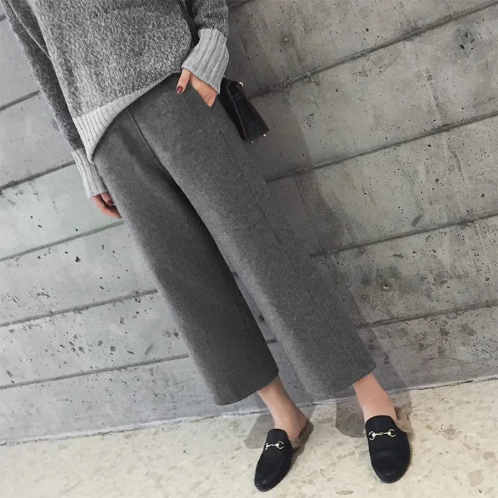 Winter Warm Pant Women's High Waist Trousers Wool Blend Cropped Wide Leg Pants Straight Elegant Korean Cloth Plus Size Women Casual - Women Trousers